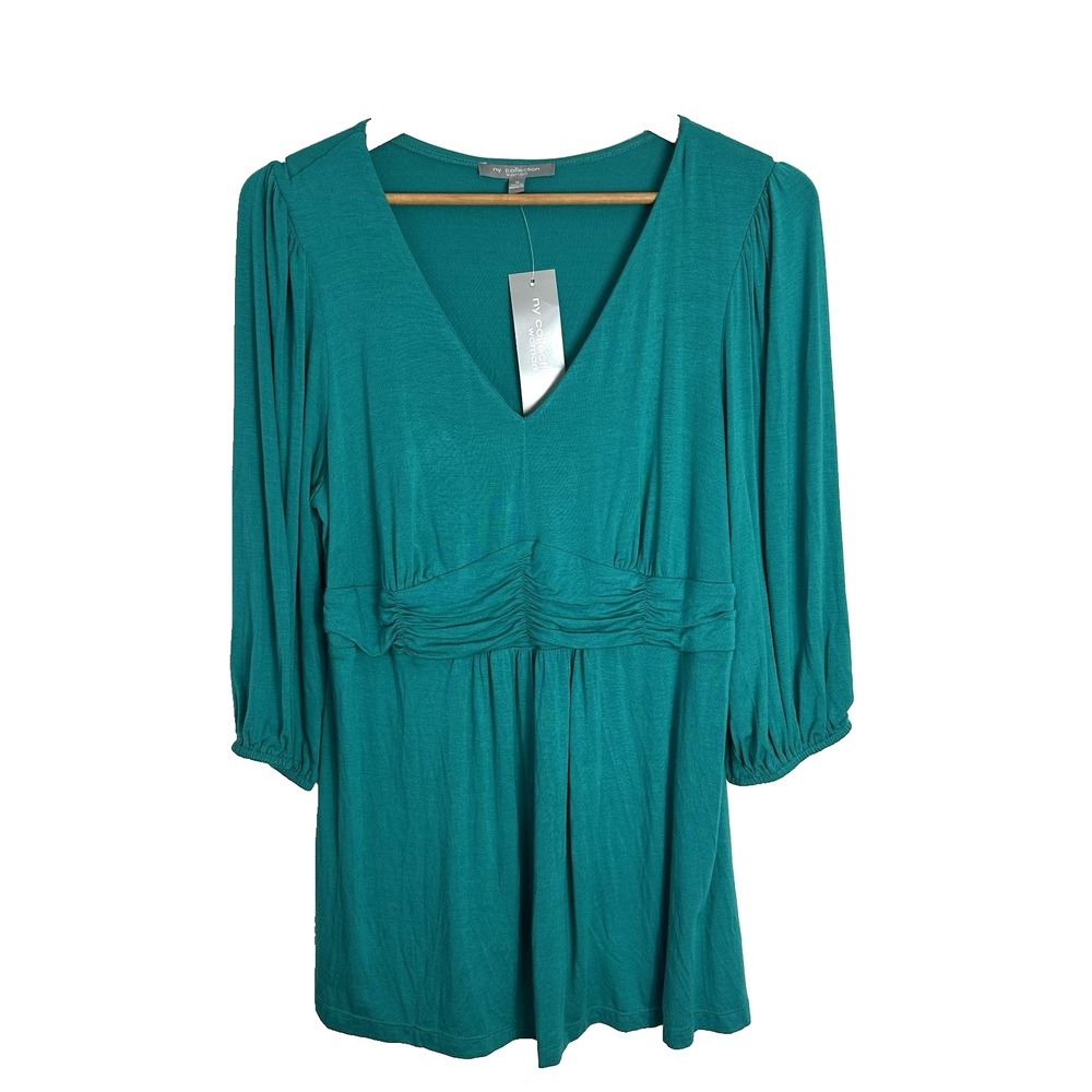 NY Collection Tunic Top Womens 1X Ruched Waist V Neck‎ Blouse Seaglass Green New